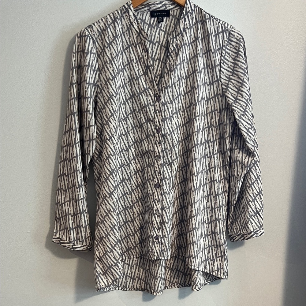 Spense Cream Button-Down Tunic with Taupe Linear Print, sz M